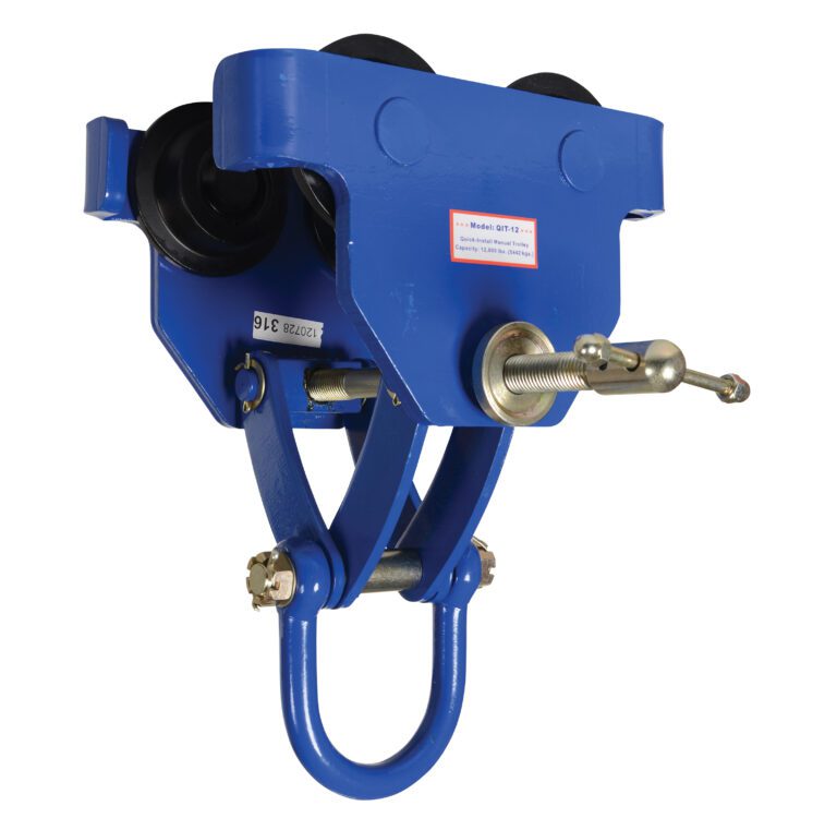 The Vestil Manual Trolley 12000 Lb Capacity boasts a blue industrial frame, black wheels, and a silver adjustment screw. Designed for heavy-duty use, its durable metal design features the model number on a small label.