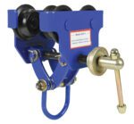 The blue Vestil Manual Trolley holds up to 1,000 lbs (454 kg) and features black wheels, a hook, and a Quick-Install label for easy rail or beam setup.