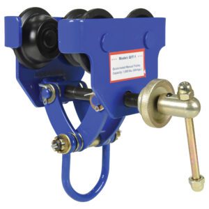 The blue Vestil Manual Trolley holds up to 1,000 lbs (454 kg) and features black wheels, a hook, and a Quick-Install label for easy rail or beam setup.