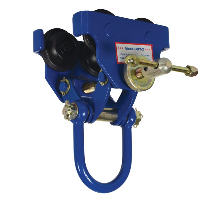 The Vestil Manual Trolley 2000 Lb Capacity features black wheels, a metal hook, and bolts with tightening mechanisms. A labeled front indicates its ideal for supporting/moving heavy objects along a track.