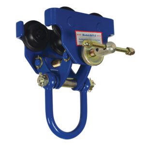 The Vestil Manual Trolley 2000 Lb Capacity features black wheels, a metal hook, and bolts with tightening mechanisms. A labeled front indicates its ideal for supporting/moving heavy objects along a track.