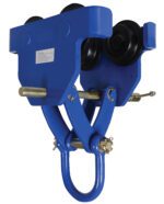 The Vestil Manual Trolley 8000 Lb Capacity features a blue industrial design with black wheels and a hook attachment. Its sturdy metal frame, visible bolts, and screws underscore its heavy-duty capabilities, ensuring both functionality and durability.