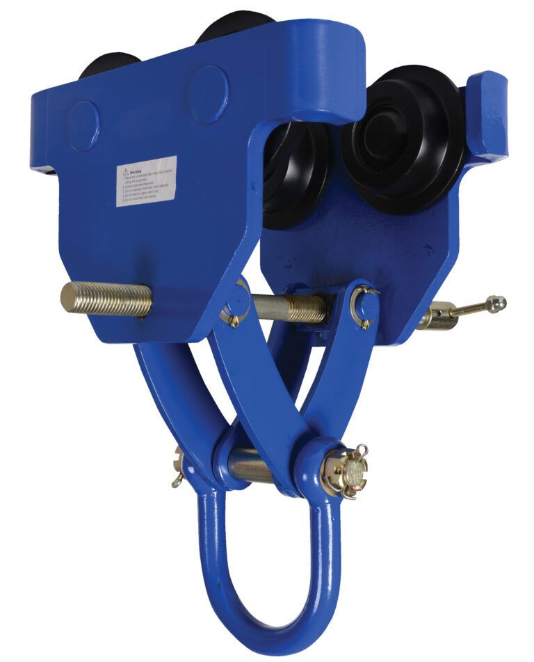 The Vestil Manual Trolley 8000 Lb Capacity features a blue industrial design with black wheels and a hook attachment. Its sturdy metal frame, visible bolts, and screws underscore its heavy-duty capabilities, ensuring both functionality and durability.