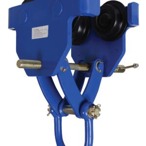 The Vestil Manual Trolley 8000 Lb Capacity features a blue industrial design with black wheels and a hook attachment. Its sturdy metal frame, visible bolts, and screws underscore its heavy-duty capabilities, ensuring both functionality and durability.