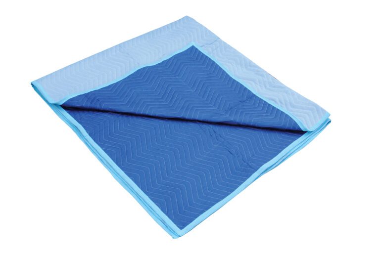 The Vestil All Weather Moving Pads Polyester 12 Pack includes quilted zigzag-patterned shades of blue, designed for durability.