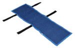 The Vestil Hand Truck Moving Pad is a blue quilted blanket with Velcro straps, featuring zigzag stitching on a white background and sturdy black straps at each end for secure handling during moves.