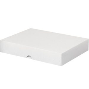 A plain, closed MH-USA 8 1/2 x 11 x 2 Stationery Folding Carton is viewed slightly from the side against a matching white background.