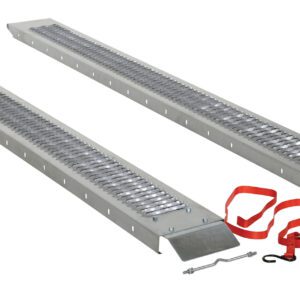 The Vestil Steel Van Ramps (Set Of 2) 96 X 18 X 2 boast a durable, anti-slip surface and parallel alignment on the ground. An adjacent red ratchet strap with hooks and a tensioning mechanism secures loads. The ramps angled ends facilitate easy access.