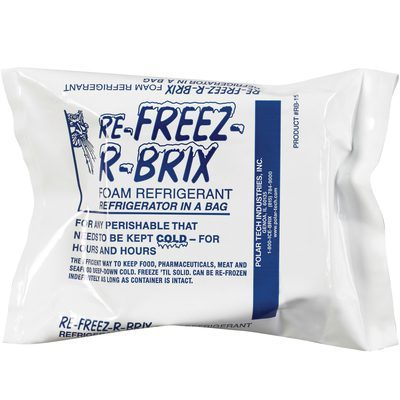 RB15.jpg The 4 1/2 x 4 x 1 1/2 Re-Freez-R-Brix® Cold Bricks (12/Case) serve as foam refrigerants, ideal for maintaining the cold temperature of food and pharmaceuticals for hours.