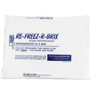 Image of white foam refrigerant pack, Re-Freez-R-Brix® Cold Bricks, measuring 11 1/4 x 9 1/4 x 1, marketed as a Refrigerator in a Bag to keep perishables cold. Sold in cases of 12 with product and contact info for Polar Tech Industries, Inc.