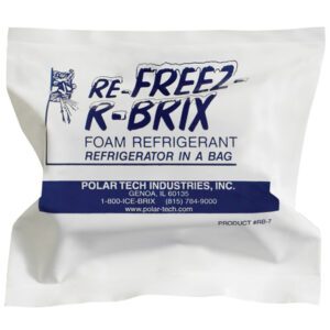 The product, 4 x 2 1/4 x 1 1/2 Re-Freez-R-Brix® Cold Bricks (48/Case), is from Polar Tech Industries, Inc. and comes in a white bag labeled Re-Freez-R-Brix Foam Refrigerant, featuring blue text and icons with product number RB-7 for optimal cold storage.
