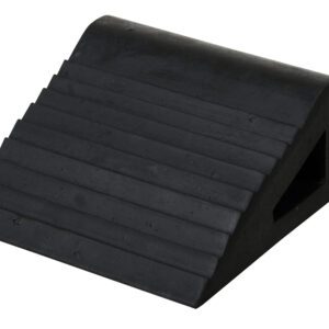 The Vestil Industrial Rubber Wedge 6.5 X 6 is a black, triangular doorstop with a ridged surface designed to securely keep doors open or closed.