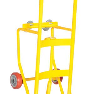The Vestil Drum Truck Cradle W/Mold-On-Rubber Wheel, in bright yellow, has two handlebars for moving heavy items and features two large black mold-on-rubber wheels and smaller red wheels for stability and maneuverability.