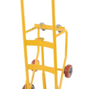 The Vestil Drum Truck Cradle W/Poly-On-Poly Wheels features a bright yellow sturdy frame, two large red poly-on-poly wheels, two smaller rear wheels, and black handles for easy transport of heavy items.