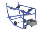 A blue metal frame with black wheels and a gray plastic basket resembles the Vestil Revolving Drum Cart 1000 Lb Dual, designed for transporting up to 1000 lbs, with dual roller wheels and a sturdy frame.