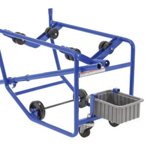 A blue metal frame with black wheels and a gray plastic basket resembles the Vestil Revolving Drum Cart 1000 Lb Dual, designed for transporting up to 1000 lbs, with dual roller wheels and a sturdy frame.