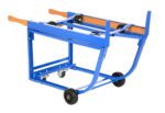 The Vestil Rotating Drum Cart boasts a blue adjustable design with poly wheels and wooden handles. Its expertly crafted metal structure supports materials for optimal sawing or cutting, ensuring reliable performance up to 1,000 lbs.
