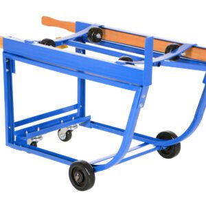The Vestil Rotating Drum Cart boasts a blue adjustable design with poly wheels and wooden handles. Its expertly crafted metal structure supports materials for optimal sawing or cutting, ensuring reliable performance up to 1,000 lbs.