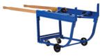 The Vestil Rotating Drum Cart Poly-On-Steel 1K features a blue metal design with two wooden handles and four wheels, offering a sturdy frame engineered to securely hold logs for easy transport.