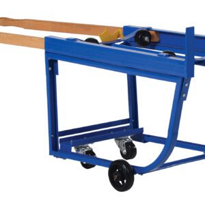 The Vestil Rotating Drum Cart Poly-On-Steel 1K features a blue metal design with two wooden handles and four wheels, offering a sturdy frame engineered to securely hold logs for easy transport.
