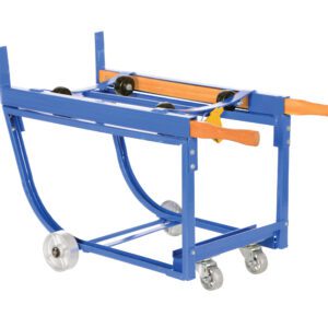 The Vestil Rotating Drum Cart Steel Wheels 1K features a blue and orange design, handle, black rollers, four wheels (two large at the base and two swivel casters), and is ideal for organizing and transporting materials.
