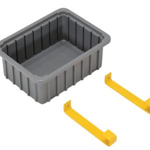 A gray plastic storage bin with vertical side ridges comes with two yellow L-shaped brackets for potential mounting. Its design, echoing functional utility items, resembles the Vestil Rotating Drum Cart - Optional Drip Pan against a plain white background, highlighting simplicity and practicality.