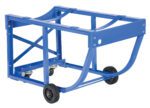 The Vestil Rotating Drum Cart Polyolefin 800Lb features a blue, metal frame with reinforced support bars. It is equipped with two black wheels at the back and two Polyolefin swivel casters up front, making it perfect for efficiently transporting heavy items up to 800 lbs.