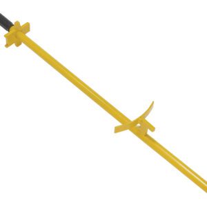 Yellow metal safety bollard with a long cylindrical post, featuring a black grip similar to the Vestil Rotating Drum Cart - Replacement Handle, includes a crossbar and angled brace for stability.