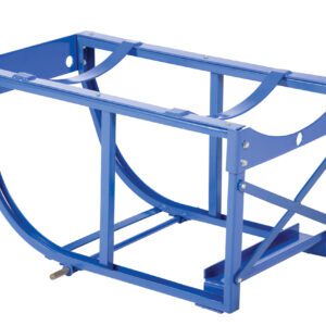 The Vestil Rotating Drum Cart 800 Lb Capacity features a blue metal frame to hold barrels or drums, with curved supports and crossbars for reinforcement, displayed on a plain white background.
