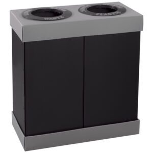 The MH-USA Corrugated Plastic Two Bin Trash System features a grey frame, black panels, dual compartments, and circular openings on top labeled for waste and plastics.