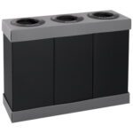 The MH-USA Corrugated Plastic Three Bin Trash System has a stylish black and gray look with circular openings. Each of its three sections is labeled on the lids—Waste, Cans, and Plastic—to simplify recycling.