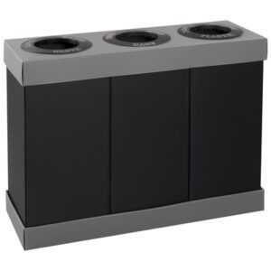 The MH-USA Corrugated Plastic Three Bin Trash System has a stylish black and gray look with circular openings. Each of its three sections is labeled on the lids—Waste, Cans, and Plastic—to simplify recycling.