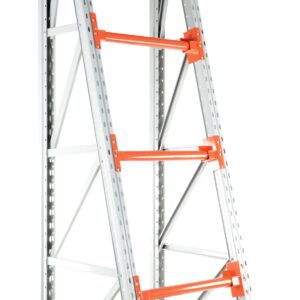 The Vestil Reel Rack Starter Kit 36X39X123 6000 is a tall, silver rack with orange accents, featuring five shelves supported by angled beams and crossbars. The sturdy frame of the empty unit is displayed against a white background.