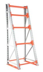 The Vestil Reel Rack Starter Kit 36X39X98.5 6000 includes a metal storage rack with silver vertical beams and orange horizontal bars, ideal for shelving. It features multiple levels to organize items within its free-standing angular frame.