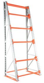 The Vestil Reel Rack Starter Kit 36X51X123 6000 includes a metal storage rack with five orange shelves and a sturdy gray frame. Its triangular side supports offer stability, making it ideal for heavy-duty applications.
