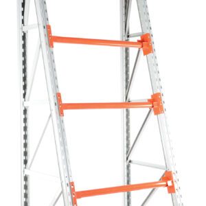 The Vestil Reel Rack Starter Kit 36X51X123 6000 includes a metal storage rack with five orange shelves and a sturdy gray frame. Its triangular side supports offer stability, making it ideal for heavy-duty applications.