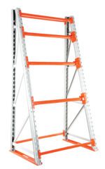 The Vestil Reel Rack Starter Kit 36X51X98.5 10000 is a freestanding metal shelving unit with a silver frame and orange horizontal supports, featuring four levels and angled side supports for heavy-duty storage of up to 10,000 lbs.
