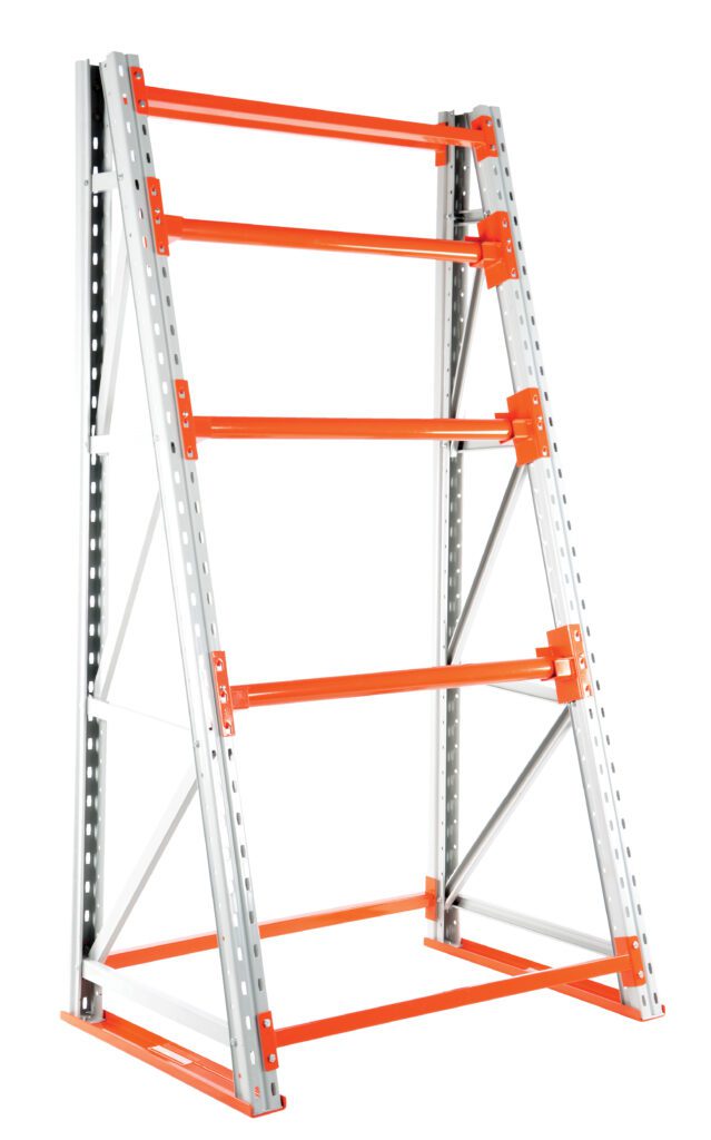 The Vestil Reel Rack Starter Kit 36X51X98.5 10000 is a freestanding metal shelving unit with a silver frame and orange horizontal supports, featuring four levels and angled side supports for heavy-duty storage of up to 10,000 lbs.