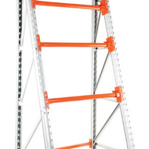 The Vestil Reel Rack Starter Kit 36X51X98.5 10000 is a freestanding metal shelving unit with a silver frame and orange horizontal supports, featuring four levels and angled side supports for heavy-duty storage of up to 10,000 lbs.