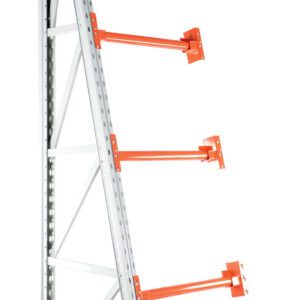 The Vestil Reel Rack Add-On Kit 36X36X123 6000 enhances spaces with its industrial metal shelving unit, vibrant orange brackets, and sleek silver frame. With five horizontal arms and sturdy diagonal support, this shelf stands upright for stability and style against a white background.
