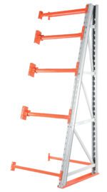 The Vestil Reel Rack Add-On Kit 36X36X98.5 10000 includes a gray metal cantilever frame with four orange arms designed for efficient storage, featuring an angled design with perforated details.