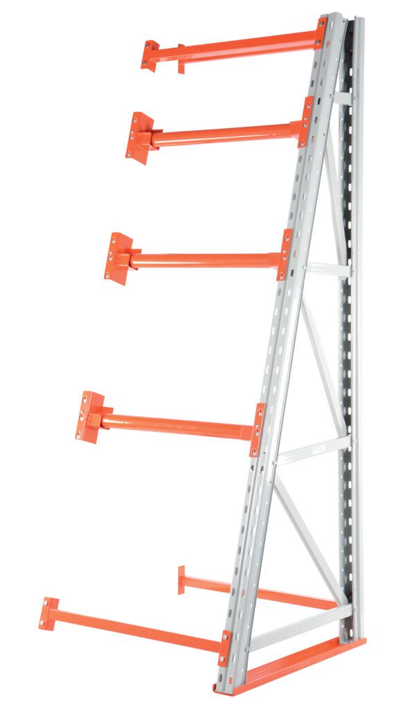 The Vestil Reel Rack Add-On Kit 36X36X98.5 10000 includes a gray metal cantilever frame with four orange arms designed for efficient storage, featuring an angled design with perforated details.
