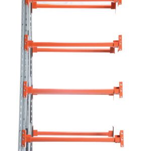 The metal storage rack has red-orange horizontal supports and includes the Vestil Reel Rack Add-On Kit 36X48X123 6000, with a capacity of 6,000 pounds. Its mostly empty, has seven evenly spaced horizontal beams, and stands against a white background.