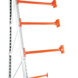 Angled view of an orange and gray metal cantilever storage rack similar to the Vestil Reel Rack Add-On Kit 36X48X98.5 6000, featuring four horizontal arms supported by a vertical back brace for stability.