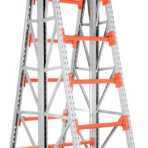 The Vestil Portable Two Sided Reel Rack (40X72.5X134.4) is a gray and orange metal A-frame cart on wheels for material transport, featuring multiple orange bars on both sides and a robust blue rectangular base with four wheels.