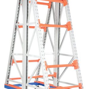 The Vestil Portable Two Sided Reel Rack 40X72.5X108 integrates into a mobile A-frame cart with orange steel crossbars, a blue base, and four wheels. Made from metallic grey beams, its ideal for securing materials or tools.