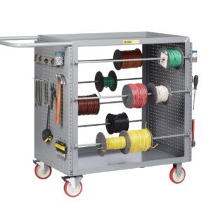 The Little Giant Wire Reel Cart with Pegboard or Louvered Panels, featuring red wheels, displays an array of cable spools. Its convenient handles and mounted reel system complement the tools hanging on the louvered panels, creating a sleek design against the plain white background.