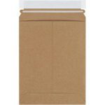 The 7 x 9 Kraft Self-Seal Stayflats Plus® Mailer case includes 100 brown, sturdy envelopes with a peel-and-seal closure flap at the top, showcasing their front side upright.