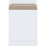 A 7 x 9 White Self-Seal Stayflats Plus® Mailer from a 100/Case stands upright against a white background, showing its brown interior flap at the top.