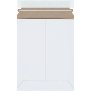 A 7 x 9 White Self-Seal Stayflats Plus® Mailer from a 100/Case stands upright against a white background, showing its brown interior flap at the top.